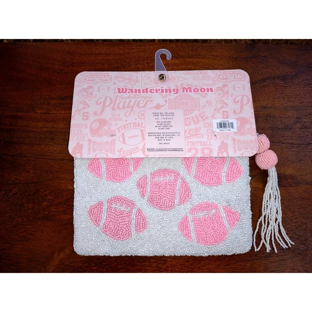 Handmade Beaded Travel Pouch White Pink Football India‎ Tassel